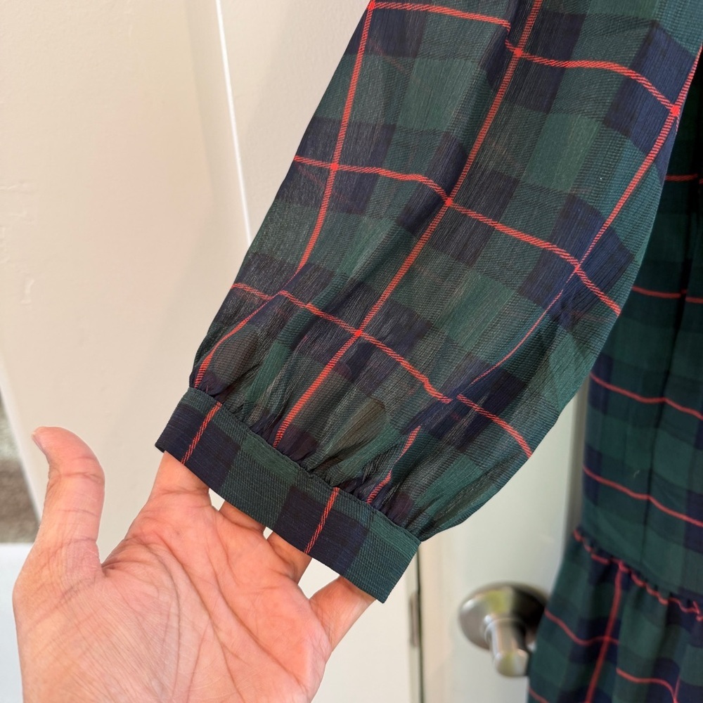 J. Crew Tie Neck Tiered Dress in Black Watch Tartan Green Navy Red Color sz XL - Picture 9 of 14